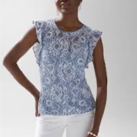 White House Black Market Tops - White House Black Market Sleeveless Lace Top Blue White Ruffle Keyhole Sz 8 NEW